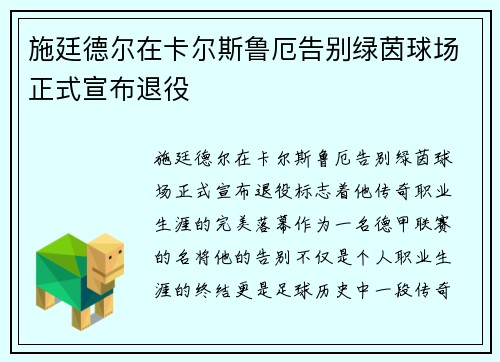 施廷德尔在卡尔斯鲁厄告别绿茵球场正式宣布退役 施廷德尔在卡尔斯鲁厄告别绿茵球场正式宣布退役
